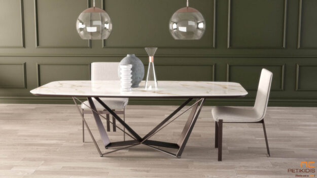 Τραπέζι Nouovo με μεταλλική βάση και κεραμικό καπάκι. Μοντέρνο και glamour style. Συνοδεύεται προαιρετικά με τις καρέκλες Nouovo με μεταλλική βάση και λευκό ύφασμα αλέκιαστο αδιάβροχο. Δυνατότητα αλλαγής χρωμάτων όλων των υλικών και των υφασμάτων.