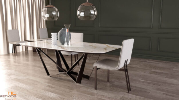 Τραπέζι Nouovo με μεταλλική βάση και κεραμικό καπάκι. Μοντέρνο και glamour style. Συνοδεύεται προαιρετικά με τις καρέκλες Nouovo με μεταλλική βάση και λευκό ύφασμα αλέκιαστο αδιάβροχο. Δυνατότητα αλλαγής χρωμάτων όλων των υλικών και των υφασμάτων.