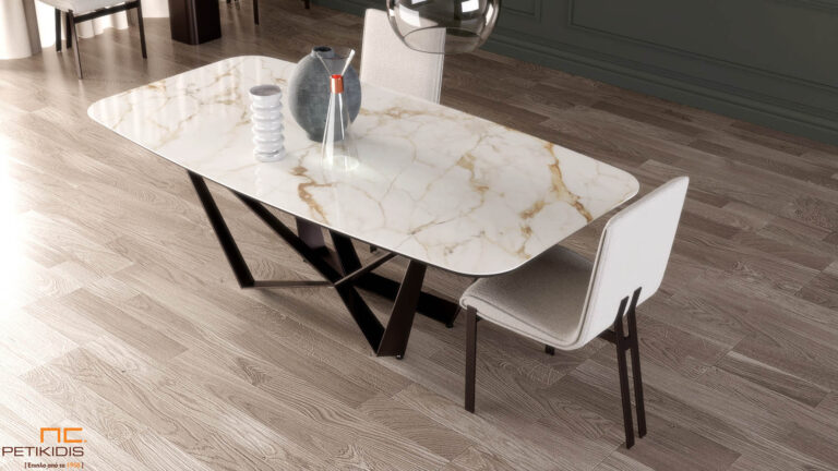 Τραπέζι Nouovo με μεταλλική βάση και κεραμικό καπάκι. Μοντέρνο και glamour style. Συνοδεύεται προαιρετικά με τις καρέκλες Nouovo με μεταλλική βάση και λευκό ύφασμα αλέκιαστο αδιάβροχο. Δυνατότητα αλλαγής χρωμάτων όλων των υλικών και των υφασμάτων.