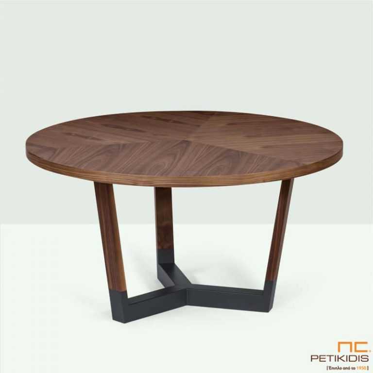 Τραπέζι Sito T154 ροτόντα σε ξύλο καρυδιάς και λεπτομέρειες λάκας στη βάση.
