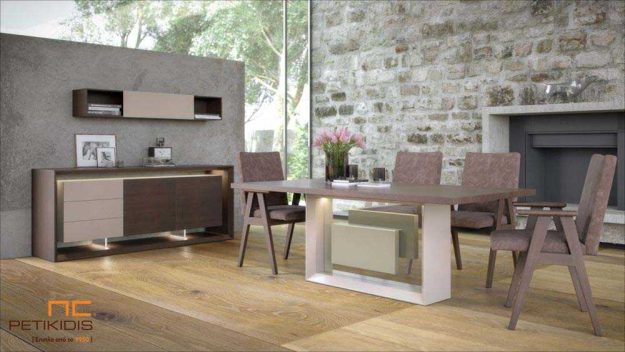 Κλασική Τραπεζαρία Τραπεζαρία Vista σε ξύλο δρυς με λάκα και τζάμι διακοσμητικό στη βάση του. Διαθέτει δυνατότητα προέκτασης. Μπουφές Vista σε ξύλο δρυς με διακοσμητική λάκα και φωτισμό. Καρέκλες Νο25 και καρεκλοπολυθρόνα Νο25 σε μασίφ ξύλο δρυς σε αλέκιαστο και αδιάβροχο ύφασμα.