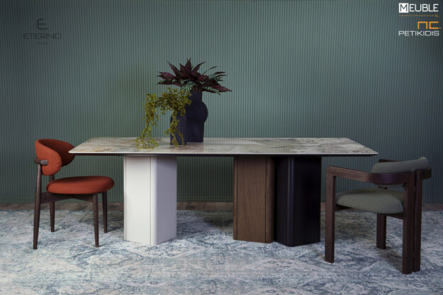 Μοντέρνο τραπέζι φαγητού Lobby κατασκευασμένο με συνδυασμό ξύλου δρυς, λάκας και κεραμικής επιφάνειας στο καπάκι. Διαθέτει και προέκταση. Διατίθεται σε ποικιλία χρωμάτων. Καρέκλα αριστερά Tender και δεξιά Slit με ύφασμα αδιάβροχο και αλέκιαστο.