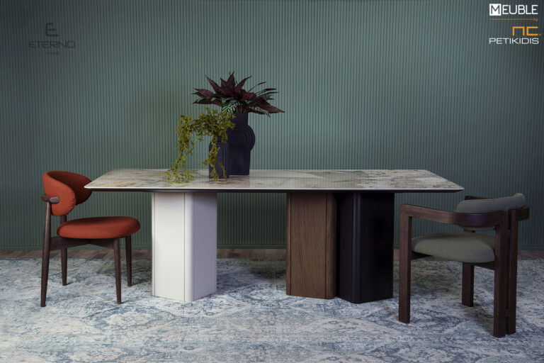 Μοντέρνο τραπέζι φαγητού Lobby κατασκευασμένο με συνδυασμό ξύλου δρυς, λάκας και κεραμικής επιφάνειας στο καπάκι. Διαθέτει και προέκταση. Διατίθεται σε ποικιλία χρωμάτων. Καρέκλα αριστερά Tender και δεξιά Slit με ύφασμα αδιάβροχο και αλέκιαστο.