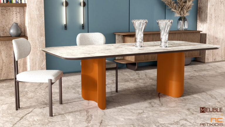 Τραπέζι Riva σχεδιασμένο σε μοντέρνα γραμμή συνδυάζοντας το χρωματιστό μέταλλο στα πόδια και τη λάκα με το κεραμικό υλικό στο καπάκι. Διατίθεται σε ποικιλία χρωμάτων.