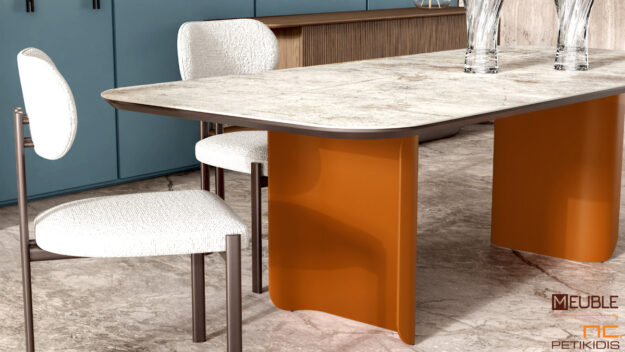 Τραπέζι Riva σχεδιασμένο σε μοντέρνα γραμμή συνδυάζοντας το χρωματιστό μέταλλο στα πόδια και τη λάκα με το κεραμικό υλικό στο καπάκι. Διατίθεται σε ποικιλία χρωμάτων. Λεπτομέρεια.