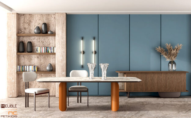 Τραπέζι Riva σχεδιασμένο σε μοντέρνα γραμμή συνδυάζοντας το χρωματιστό μέταλλο στα πόδια και τη λάκα με το κεραμικό υλικό στο καπάκι. Διατίθεται σε ποικιλία χρωμάτων. Λεπτομέρεια.