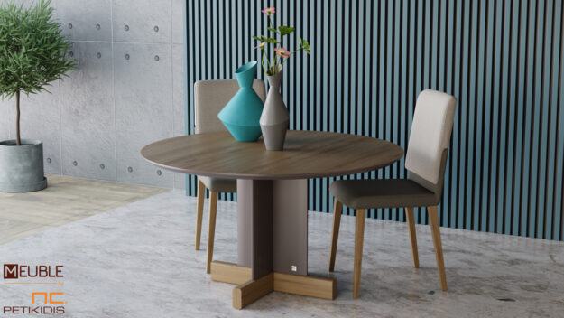 Τραπέζι ροτόντα Taf σε μοντέρνο και minimal σχεδιασμό, κατασκευασμένο από ξύλο δρυς και καφέ λάκα ματ στη βάση της.