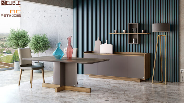 Τραπέζι Taf σε μοντέρνο και minimal σχεδιασμό, κατασκευασμένο από ξύλο δρυς και καφέ λάκα ματ στη βάση του.