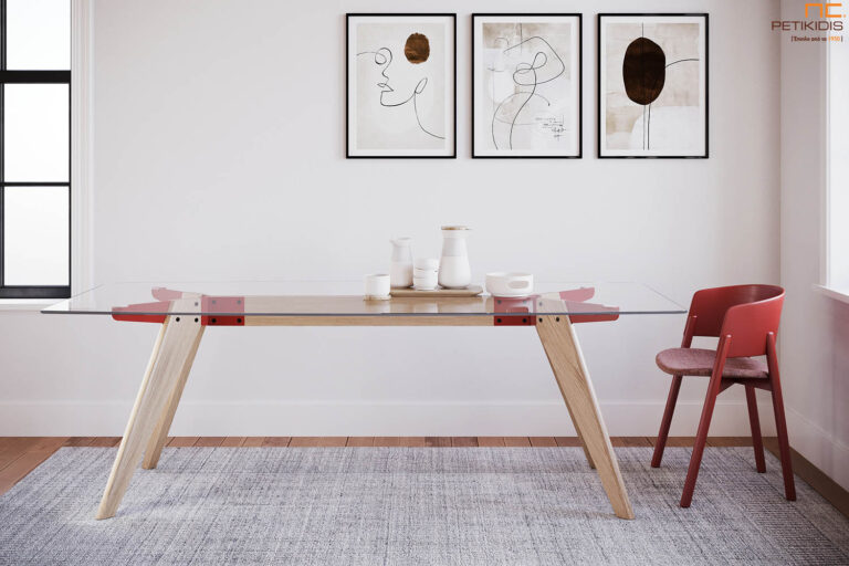 Τραπέζι Trava σχεδιασμένο από τον Konrad Lohöfener. Η διαφένεια του γυαλιού συνδυασμένη με το ξύλο και το μέταλλο είναι τα στοιχεία που την χαρακτηρίζουν. Minimal scandinavian style. Δυνατότητα επιλογής χρωμάτων σε όλα τα υλικά που την αποτελούν.