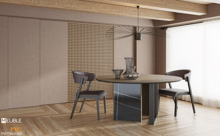 Τραπέζι ροτόντα Tre σε μοντέρνο και ιδιαίτερο σχεδιασμό συνδυάζει αρμονικά το ξύλο δρυς, το μέταλλο και τα δρύινα πηχάκια στη βάση του.