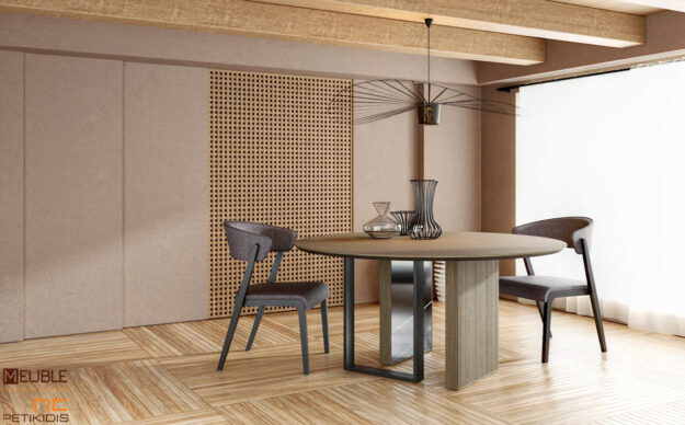 Τραπέζι ροτόντα Tre σε μοντέρνο και ιδιαίτερο σχεδιασμό συνδυάζει αρμονικά το ξύλο δρυς, το μέταλλο και τα δρύινα πηχάκια στη βάση του. Λεπτομέρεια.