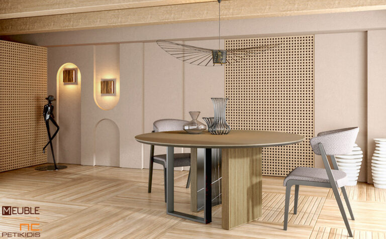 Τραπέζι ροτόντα Tre σε μοντέρνο και ιδιαίτερο σχεδιασμό συνδυάζει αρμονικά το ξύλο δρυς, το μέταλλο και τα δρύινα πηχάκια στη βάση του. Λεπτομέρεια.