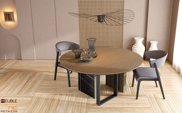 Τραπέζι ροτόντα Tre σε μοντέρνο και ιδιαίτερο σχεδιασμό συνδυάζει αρμονικά το ξύλο δρυς, το μέταλλο και τα δρύινα πηχάκια στη βάση του. Λεπτομέρεια.