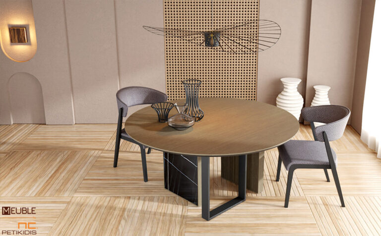 Τραπέζι ροτόντα Tre σε μοντέρνο και ιδιαίτερο σχεδιασμό συνδυάζει αρμονικά το ξύλο δρυς, το μέταλλο και τα δρύινα πηχάκια στη βάση του. Λεπτομέρεια.