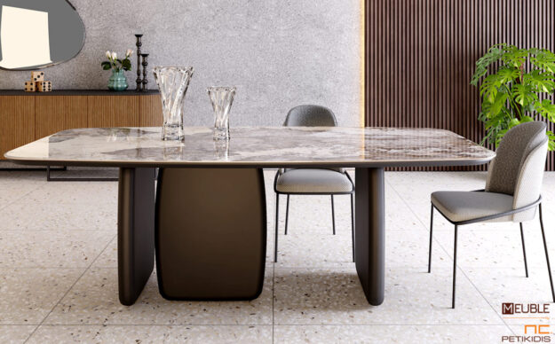 Τραπέζι Zuka σε μοντέρνο στυλ με βάση σε καφέ λάκα ματ και καπάκι από κεραμικό υλικό. Υπάρχει η δυνατότητα αλλαγής υλικών και επιλογής χρωμάτων ανάμεσα από μία μεγάλη γκάμα.