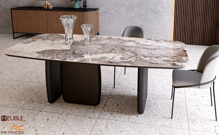 Τραπέζι Zuka σε μοντέρνο στυλ με βάση σε καφέ λάκα ματ και καπάκι από κεραμικό υλικό. Υπάρχει η δυνατότητα αλλαγής υλικών και επιλογής χρωμάτων ανάμεσα από μία μεγάλη γκάμα. Λεπτομέρεια.