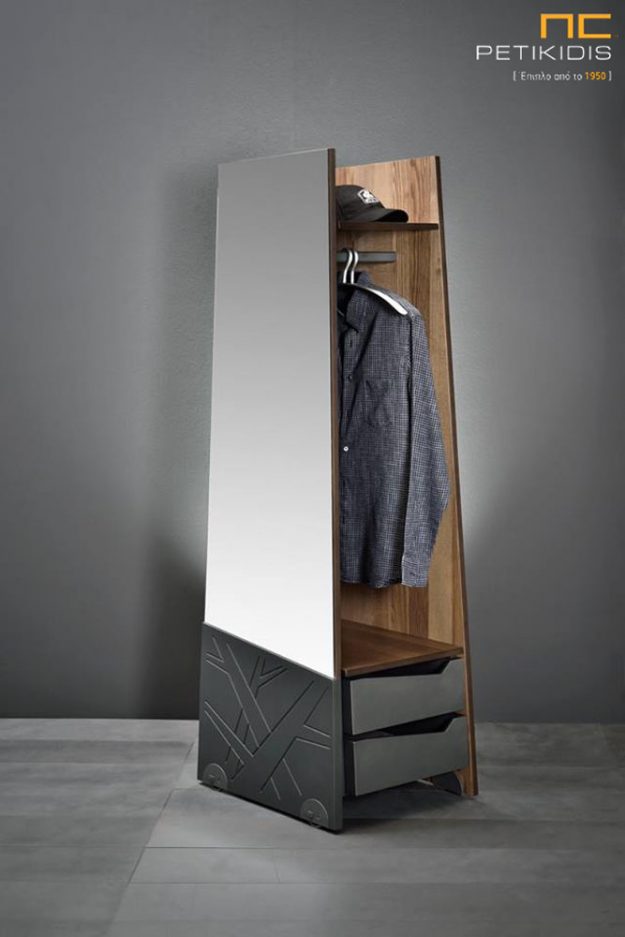 Κρεμάστρα δωματίου με ολόσωμο καθρέπτη και συρτάρια σε ξύλο ελιά και διακοσμητική λάκα της Join.