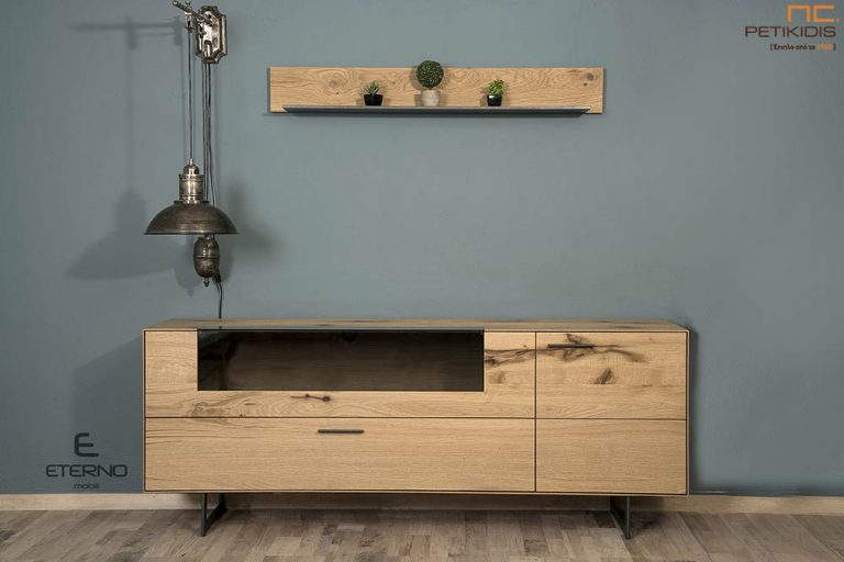 Έπιπλο tv Free από ξύλο δρυς ρουστίκ με ντουλάπι με διακοσμητικό τζάμι και φωτισμό.