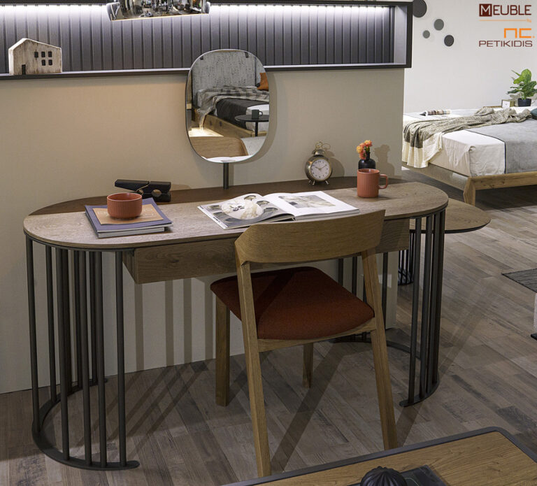 Λεπτομέρεια. Γραφείο shape. Μοντέρνος και έξυπνος σχεδιασμός κατασκευασμένη από ξύλο δρυς, λάκα, μεταλλικό σκελετό και καθρέφτη. Κατασκευάζεται και χωρίς καθρέφτη.