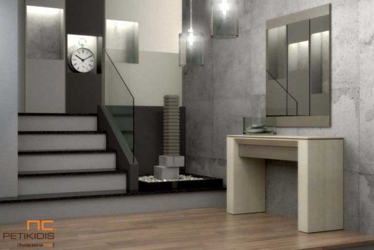 Κονσόλα Flat από ξύλο δρυς και λεπτομέρεια λάκας.