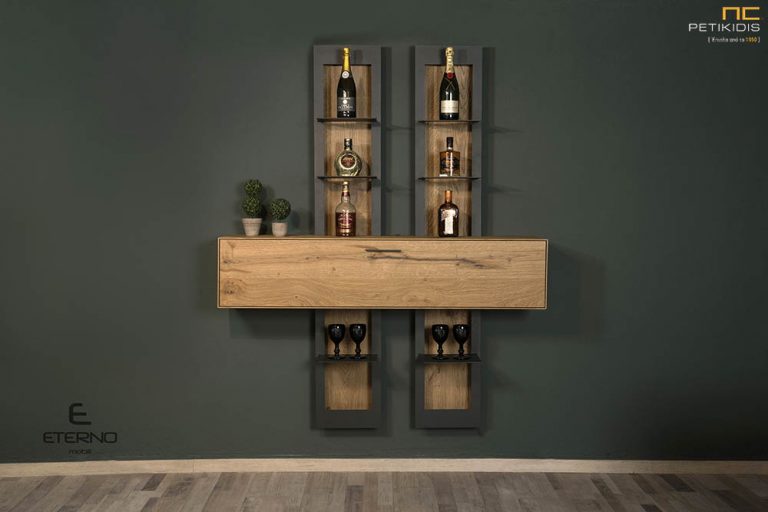 Κονσόλα Free από ξύλο δρυς ρουστίκ με μεταλλική φωτιζόμενη ραφιέρα και ντουλάπι.