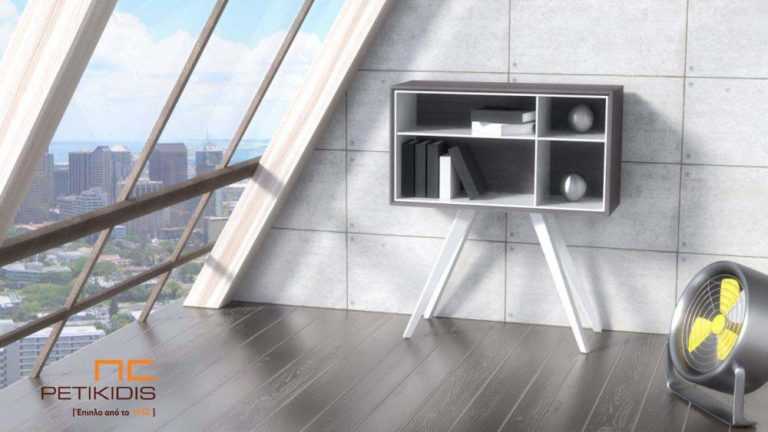 Κονσόλα Max από ξύλο δρυς και λεπτομέρειες από λάκα.