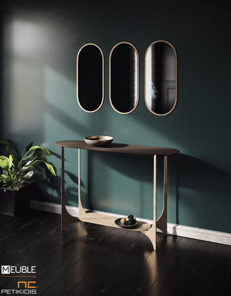 Μοντέρνα και μίνιμαλ γραμμή κονσόλα - έπιπλο εισόδου Oscar με μεταλλικό σκελετό και επιφάνεια από ξύλο. Συνδυάζεται υπέροχα με τους επιτoίχιους καθρέφτες Oscar με μεταλλικό πλαίσιο.