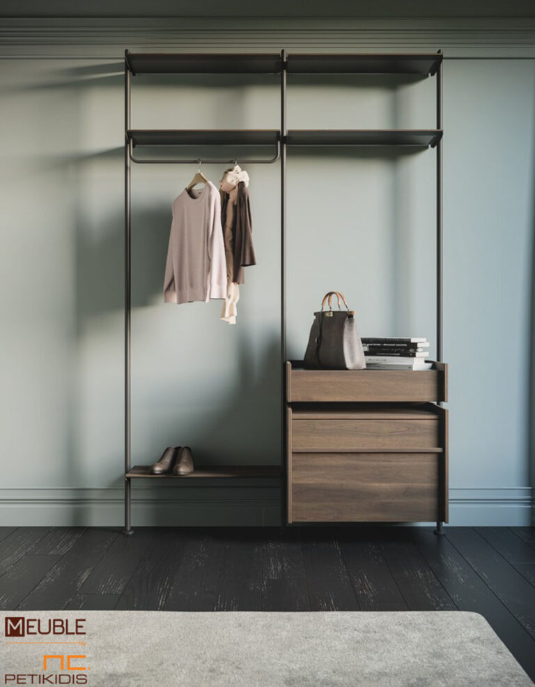 Μίνιμαλ πολυμορφικό έπιπλο εισόδου Mod με μεταλλικό σκελετό και ξύλινα στοιχεία. Μπορεί να διαμορφωθεί με ράφια, κουτιά, ντουλάπια ή συρτάρια κατά παραγγελία.