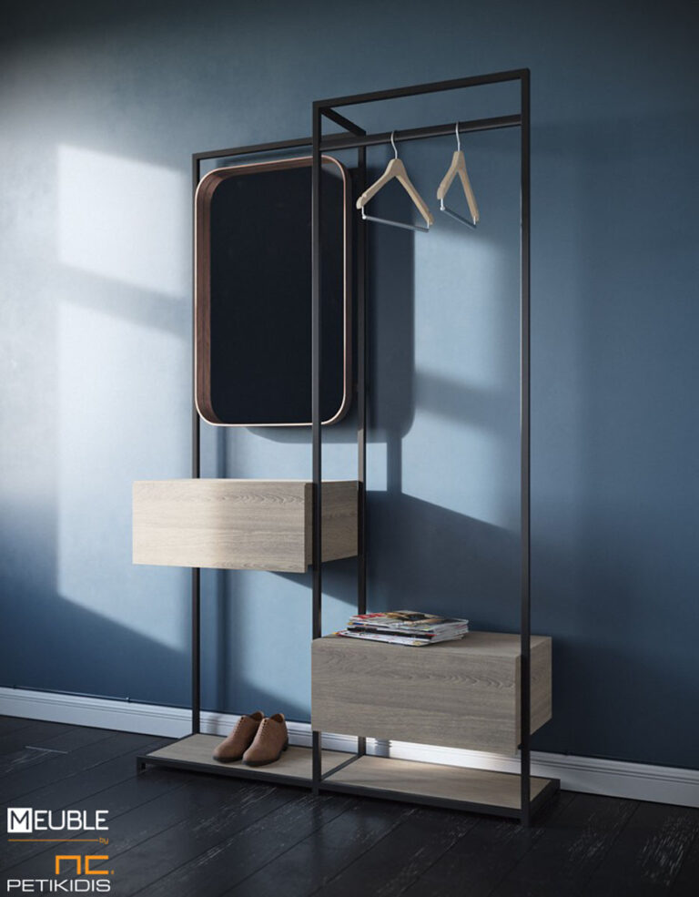 Μοντέρνο έπιπλο εισόδου Ζ σε μίνιμαλ γραμμή από μέταλλο και ξύλο δρυς με 2 συρτάρια και καθρέφτη.