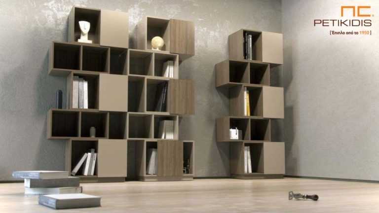 Ραφιέρα και βιβλιοθήκη Veto σε συνδυασμό ξύλου καρυδιάς και λάκα.