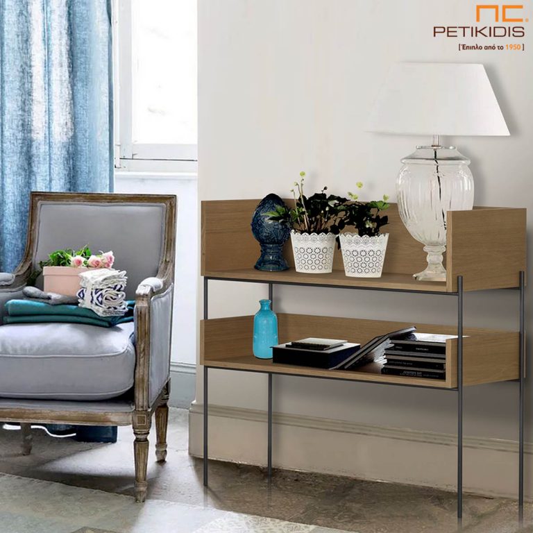 Κονσόλα με ράφια Frank από ξύλο δρυς και μεταλλικό σκελετό. Ιδανικό για χώρους εισόδου και για το σαλόνι. Έχει δυνατότητα ευελιξίας στη χρήση από κονσόλα έως και μικρή ραφιέρα και βιβλιοθήκη.