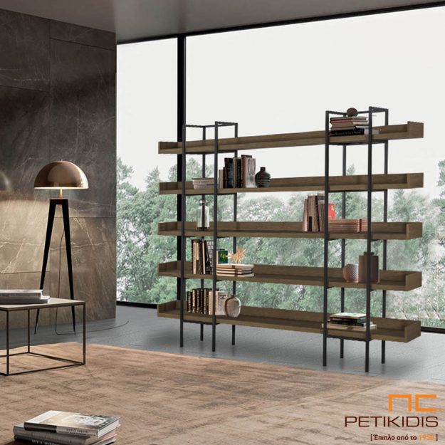 Βιβλιοθήκη και ραφιέρα Jimi από ξύλο δρυς και μεταλλικό σκελετό.Λειτουργεί όσα ραφιέρα διακοσμητική, ως βιβλιοθήκη αλλά και ως διαχωριστικό δύο ενιαίων χώρων.