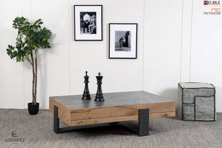 Ένα παραλληλόγραμμό μοντέρνο με αφαιρετικό ύψος είναι το τραπεζάκι Life. Διαθέτει συρτάρι που εξυπηρετεί τις ανάγκες αποθήκευσης. Τα υλικά κατασκευής του είναι το ξύλο δρυς ρουστίκ σε συνδυασμό με λάκα γκοφρέ και κεραμική επιφάνεια.