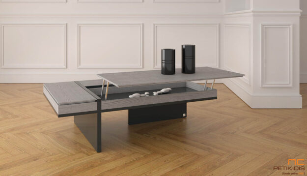 Τραπεζάκι σαλονιού Moka από ξύλο δρυς και λεπτομέρειες λάκας. Διαθέτει δύο σερβιτόρους και ένα ντουλάπι. Μοντέρνο και minimal. Ιδανικό για μικρούς χώρους. Παράγεται σε μεγάλη ποικιλία χρωμάτων και διαστάσεων.