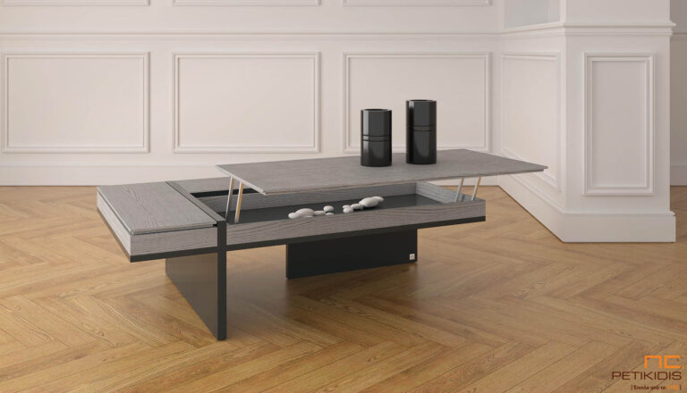 Τραπεζάκι σαλονιού Moka από ξύλο δρυς και λεπτομέρειες λάκας. Διαθέτει δύο σερβιτόρους και ένα ντουλάπι. Μοντέρνο και minimal. Ιδανικό για μικρούς χώρους. Παράγεται σε μεγάλη ποικιλία χρωμάτων και διαστάσεων.