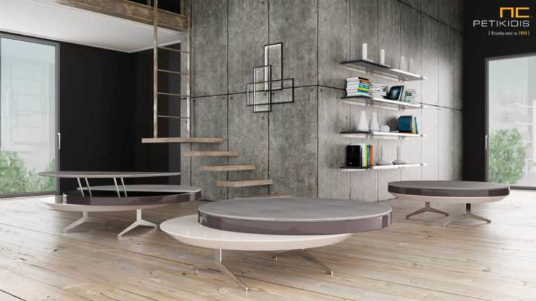 Τραπεζάκι σαλονιού Brabus από ξύλο δρυς και λάκα με μεταλλικά πόδια. Διαθέτει δυνατότητα περιστροφής και δύο σερβιτόρους με αποθηκευτικό χώρο.