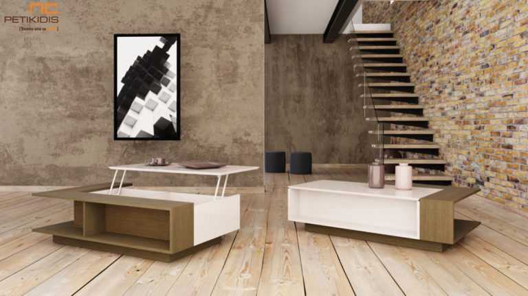 Τραπεζάκι σαλονιού Cosi από ξύλο δρυς και λευκή λάκα. Διαθέτει ένα μεγάλο σερβιτόρο και αρκετούς αποθηκευτικούς χώρους.