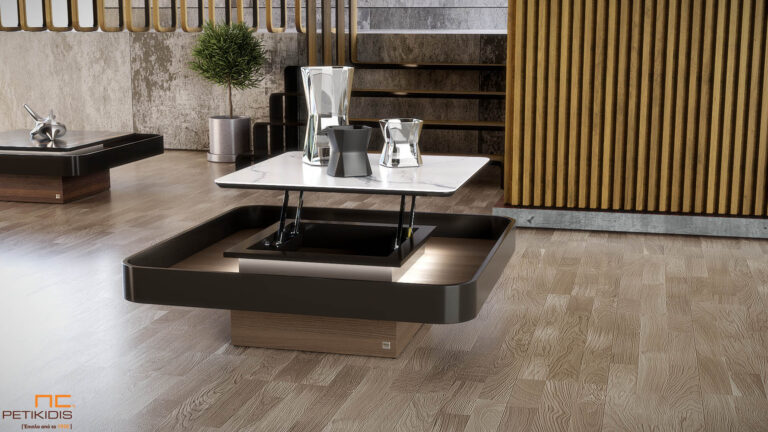 Τραπεζάκι σαλονιού Salty σε συνδυασμό ξύλου ευκαλύπτου, λάκας και κεραμικό υλικό. Μοντέρνος και ιδιαίτερος σχεδιασμός με κρυφό φωτισμό. Διαθέτει μηχανισμό σερβιτόρου και χώρο αποθήκευσης. Παράγεται σε μεγάλη ποικιλία χρωμάτων.