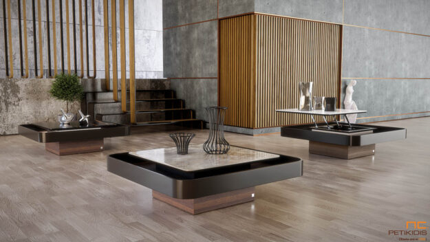 Τραπεζάκι σαλονιού Salty σε συνδυασμό ξύλου ευκαλύπτου, λάκας και κεραμικό υλικό. Μοντέρνος και ιδιαίτερος σχεδιασμός με κρυφό φωτισμό. Διαθέτει μηχανισμό σερβιτόρου και χώρο αποθήκευσης. Παράγεται σε μεγάλη ποικιλία χρωμάτων.