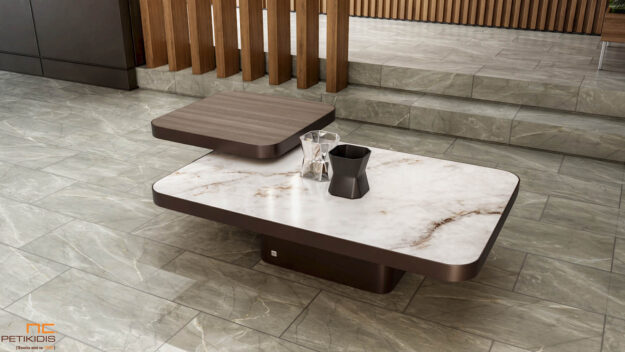 Τραπεζάκι σαλονιού Verde. Συνδυασμός ξύλου, κεραμικού υλικού και λάκας. Αποτελείται από δύο ξεχωριστά τραπεζάκια ένα μακρόστενο και ένα τετράγωνο. Μοντέρνο και elegant. Διατίθεται σε μεγάλη ποικιλία χρωμάτων και διαστάσεων.