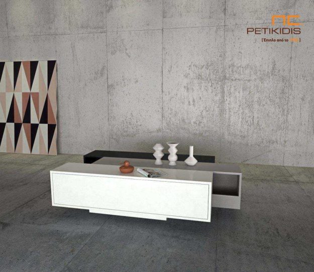 Κλασική Τραπεζαρία Τραπεζάκι σαλονιού Box από ξύλο δρυς και λάκα. Το ιδιαίτερο σχήμα του δίνει τη δυνατότητα να αλλάζει μορφές. Διαθέτει συρτάρι.