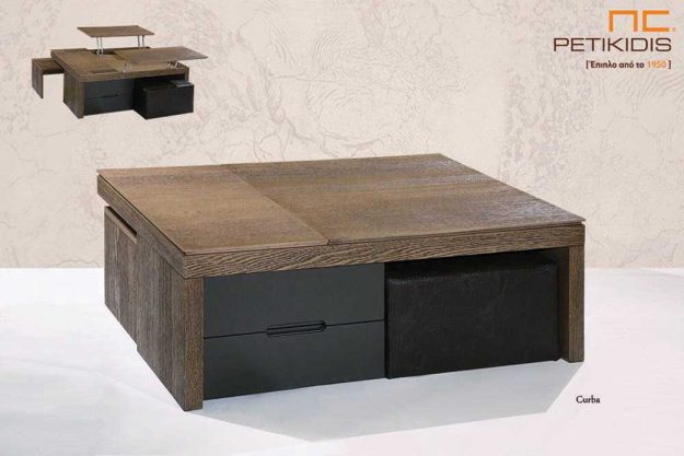 Κλασική Τραπεζαρία Τραπεζάκι σαλονιού Curba από ξύλο δρυς ρουστίκ και λεπτομέρειες από λάκα. Διαθέτει δύο σερβιτόρους με αποθηκευτικό χώρο, δύο συρτάρια, δύο σκαμπό και ένα βοηθητικό τραπεζάκι.