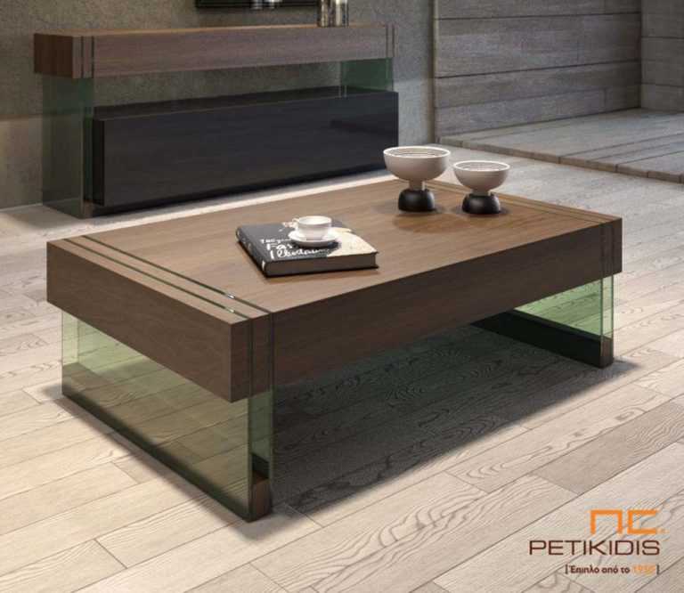 Τραπεζάκι σαλονιού Decor από ξύλο καρυδιάς και πόδια από γυαλί ασφαλείας.