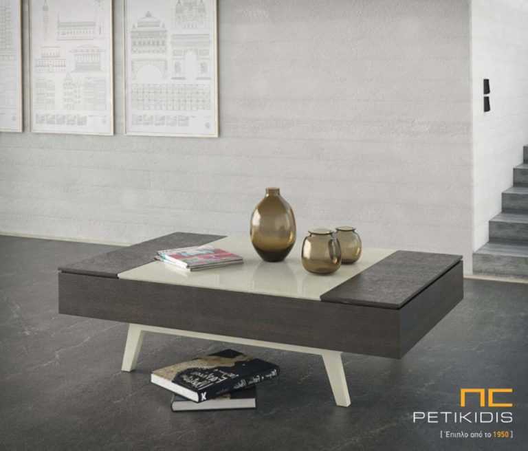 Τραπεζάκι σαλονιού Elite από ξύλο δρυς και λάκα με ξύλινα πόδια.Διαθέτει ένα μεγάλο σερβιτόρο και δύο ντουλάπια με αποθηκευτικούς χώρους.