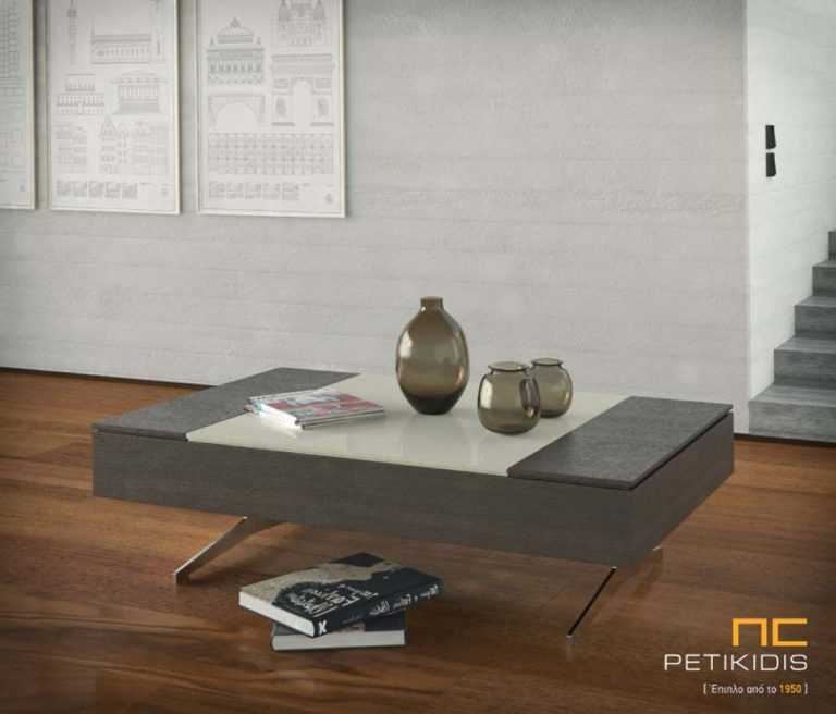 Τραπεζάκι σαλονιού Elite από ξύλο δρυς και λάκα με μεταλλικά πόδια.Διαθέτει ένα μεγάλο σερβιτόρο και δύο ντουλάπια με αποθηκευτικούς χώρους.