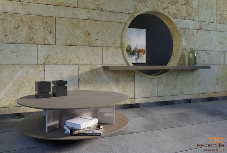 Τραπεζάκι σαλονιού Orio στρογγυλό από ξύλο δρυς και λάκα.