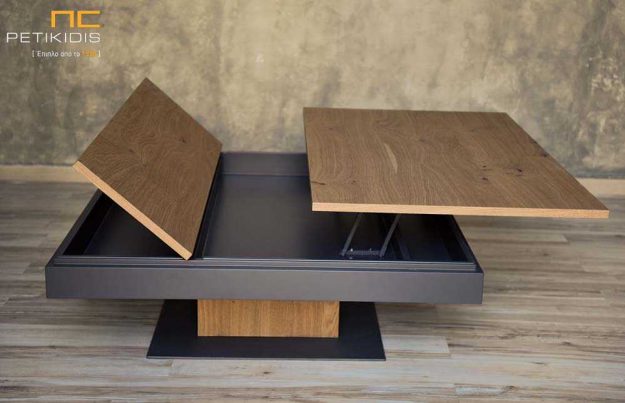 Τραπεζάκι σαλονιού Wood από ξύλο δρυς ρουστίκ και λάκα γκοφρέ. Διαθέτει ένα σερβιτόρο και ένα ντουλάπι για αποθηκευτικό χώρο. Λεπτομέρεια.