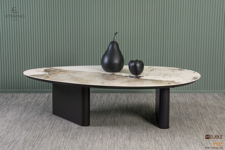 Τραπέζι καθιστικού Shape. Ιδιαίτερος και μοντέρνος ο σχεδιασμός του, κατασκευασμένο με κεραμική επιφάνεια στο καπάκι του και τα πόδια σε λάκα.