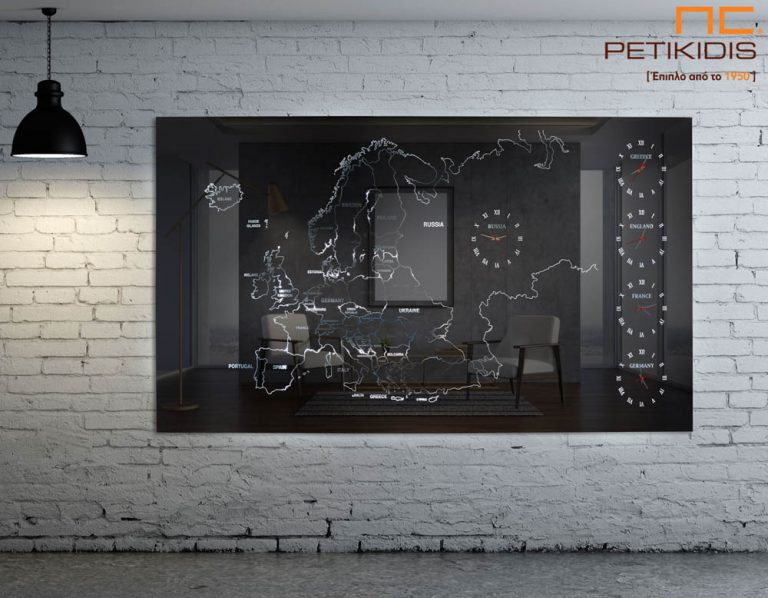 Παραλληλόγραμμος επιτοίχιος καθρέφτης-ρολόϊ - Europe Map
