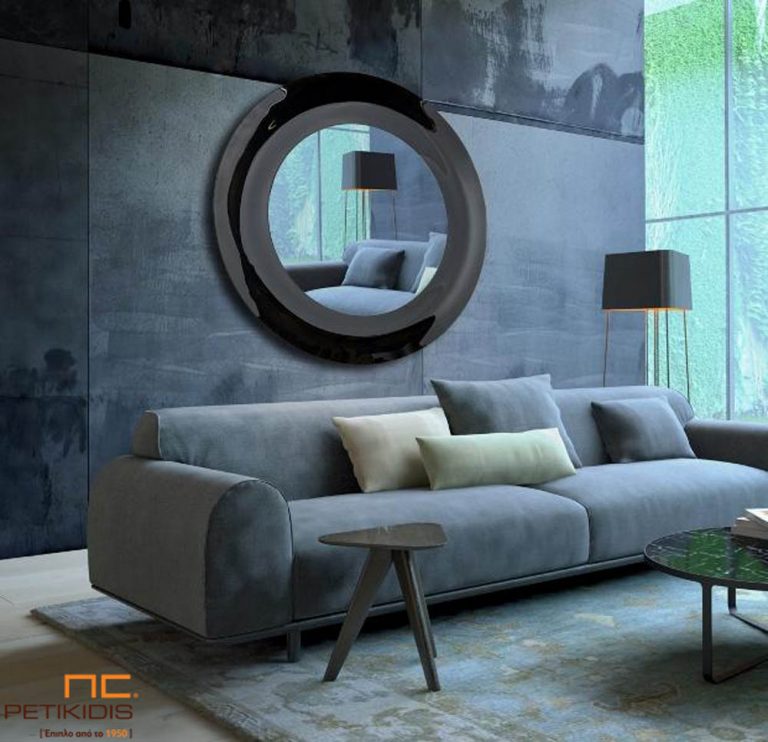 Στρογγυλός επιτοίχιος καθρέφτης σε γυάλινη λακαριστή κορνίζα -F110